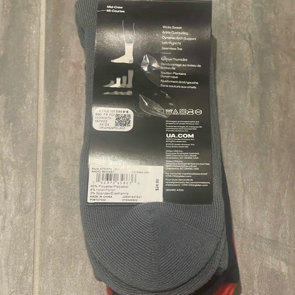 Under Armour Crew 3 Pair Socks Red Navy Gray 1373085 890 XL New With Tags - Picture 4 of 6
